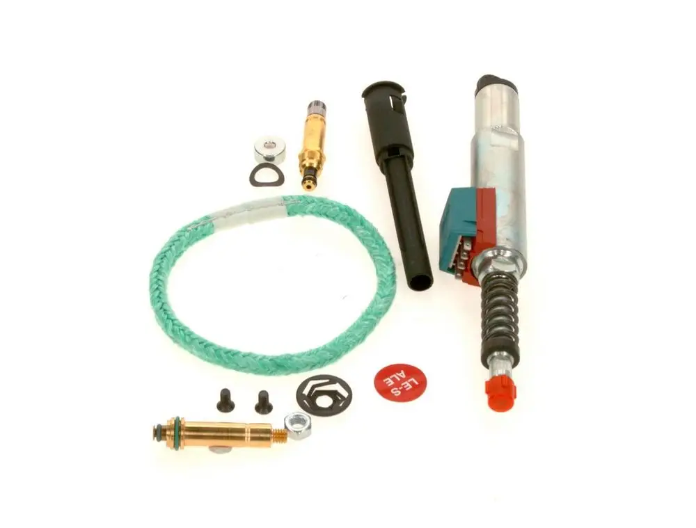 Bosch Ölabschlusssystem-Set mit verschiedenen Komponenten, darunter eine Pumpe, Dichtungen, Rohre und Schrauben. Teil eines Automobilservicekits.